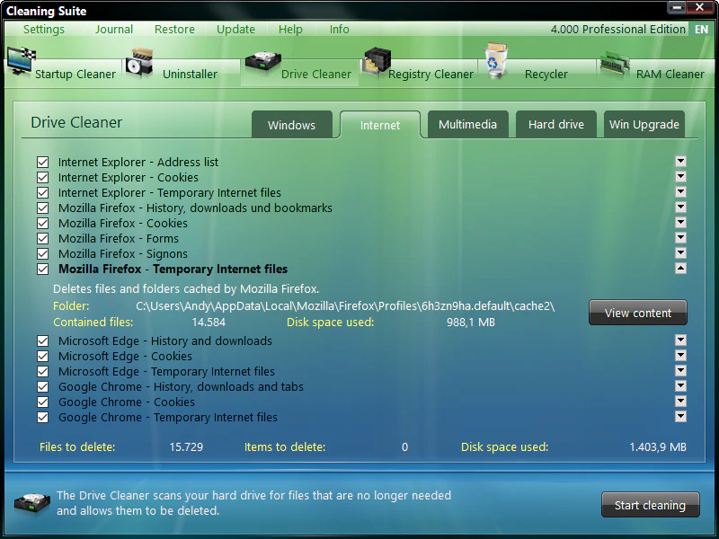screenshot of Cleaning Suite
